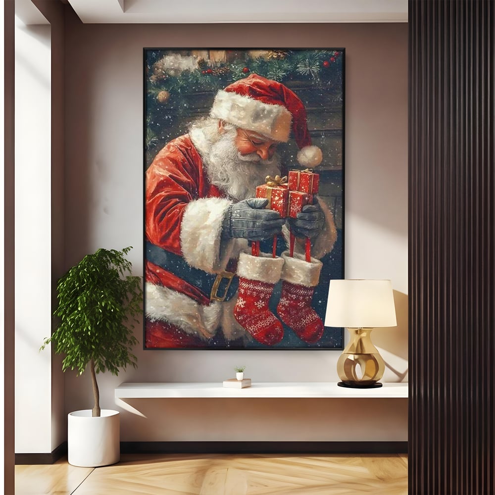 Tablou canvas cu ilustratie cu mos craciun tinand cadouri, in rama de aluminiu negru